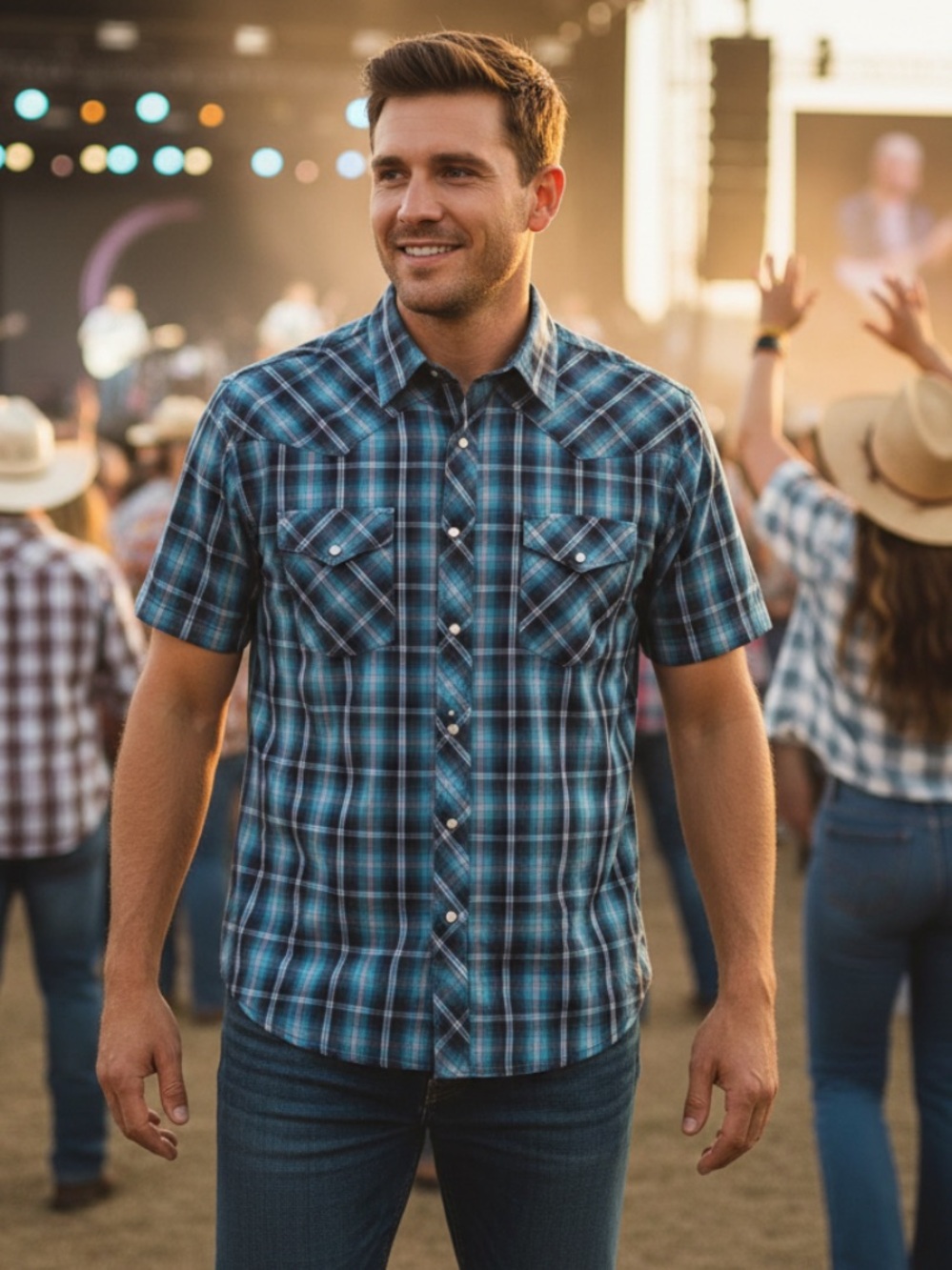 Wrangler Men’s Blue and White Plaid Short-Sleeve Button-Front Shirt